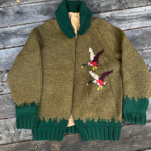 Vintage 1958 Green Goose Cowichan Handmade Woven Wool Jacket Canvas Large Canada - Picture 5 of 16